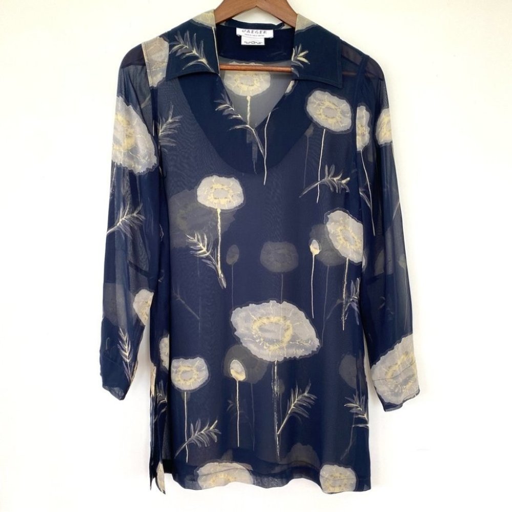 JAEGER Navy Floral Silk Tunic Top
